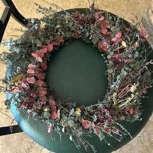 Dried floral hand-made 12” round Wreath. Blues and maroon.